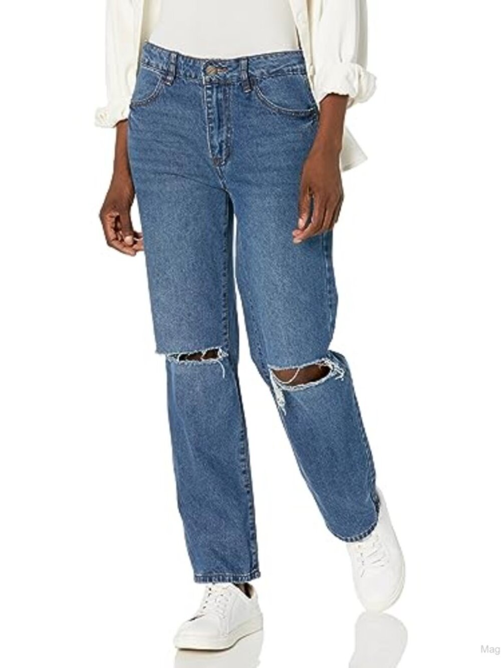 Rigid Denim Dad Jean High Rise Straight Relaxed Fit Destroyed Knee Button Fly